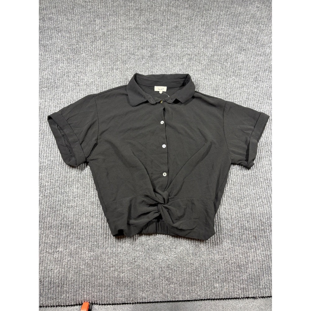 Love J Shirt Women XL Black Short Sleeve Button Front Front Tie Crop Top